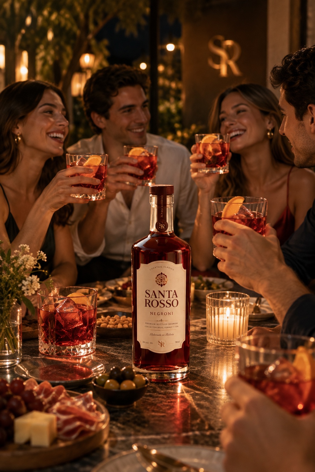 Amigos brindando con Santa Rosso alrededor de una mesa