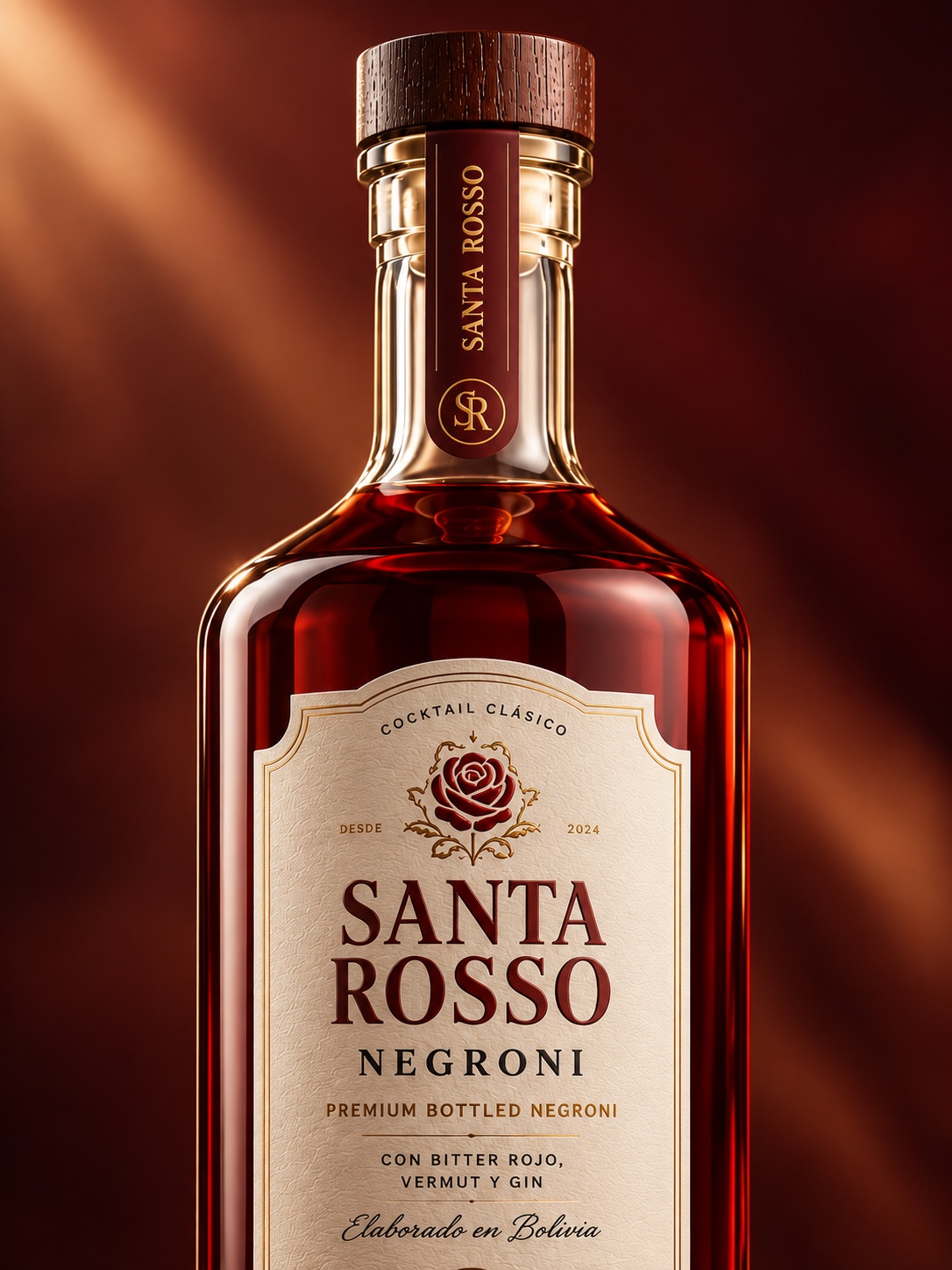 Detalle de la botella Santa Rosso Negroni con su etiqueta y sello de cuello