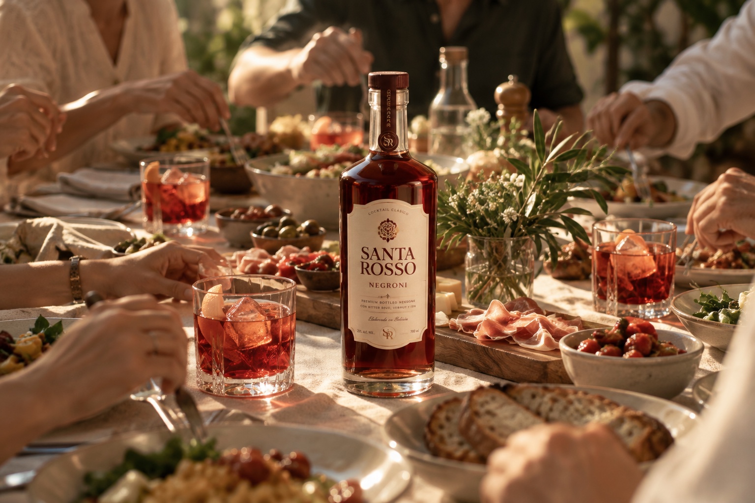 Mesa compartida al atardecer con Santa Rosso, copas y aperitivos