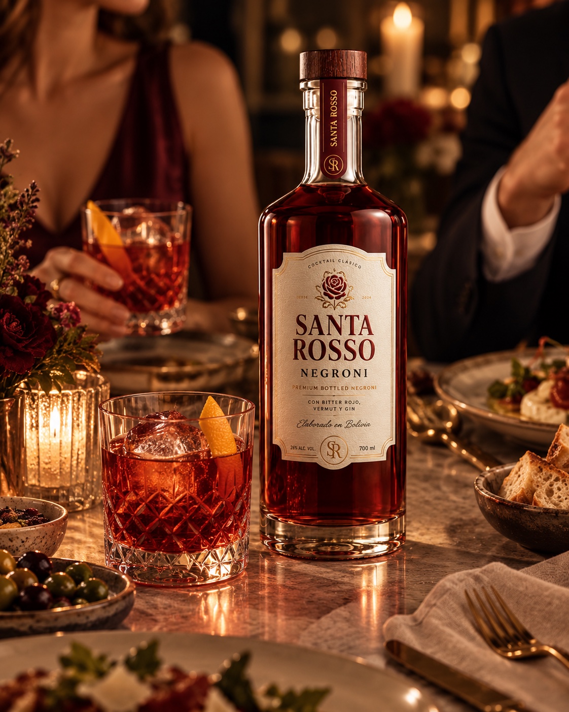 Botella y copa de Santa Rosso durante una cena a la luz de las velas