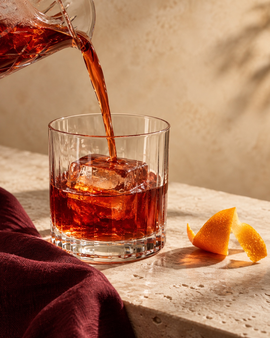 Aperitivo rojo servido sobre un gran hielo junto a una piel de naranja